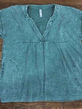 Zenana Teal Gauze Top | Boho Beachy V-Neck | Resort Wear | Medium